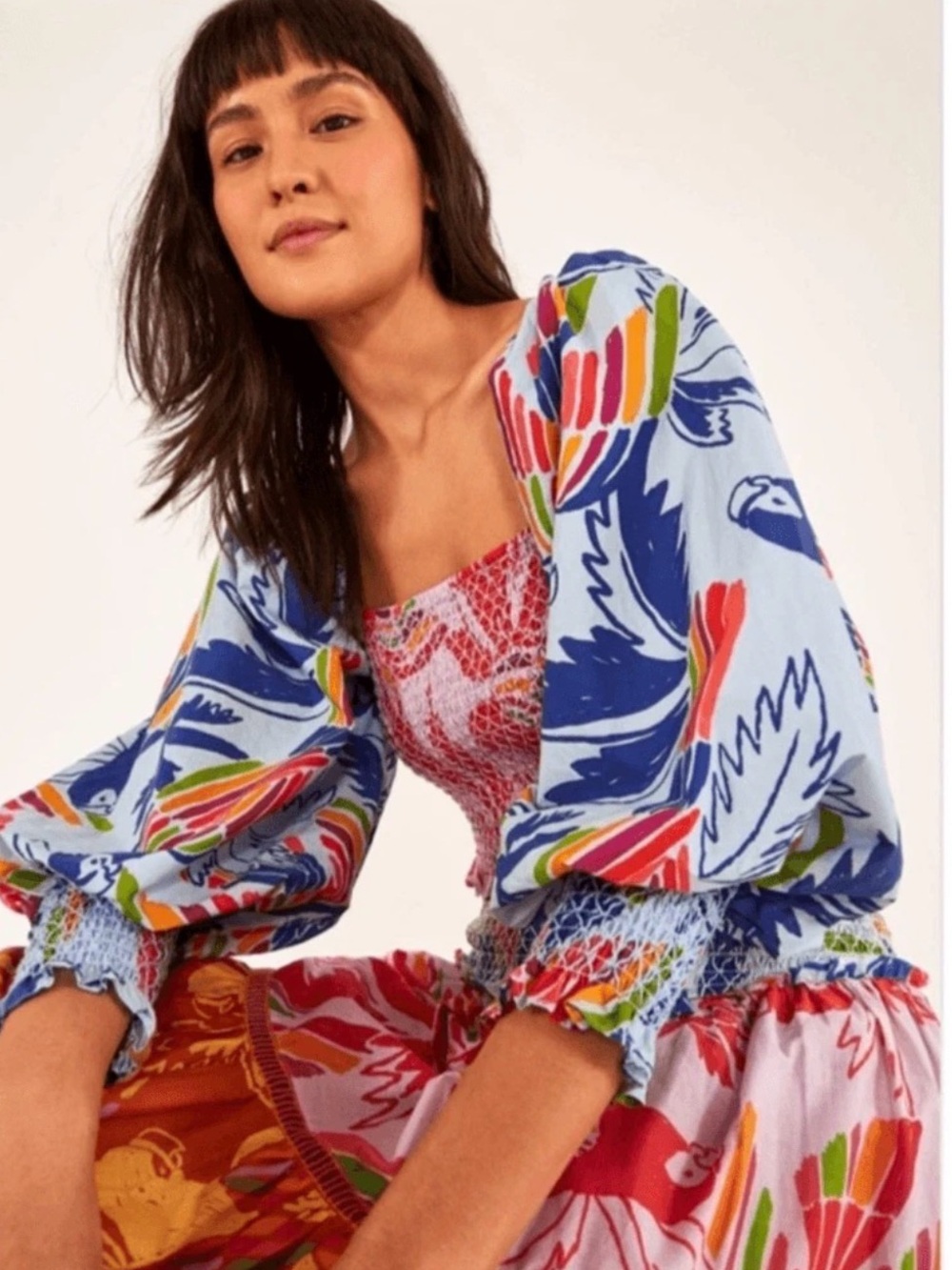 Farm Rio Mixed Print Smocked Cotton Crop Top Puff Sleeve Medium NWT